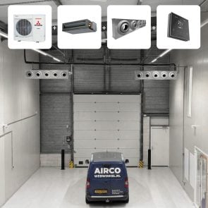 Mitsubishi 10 kW kanaalunit met industriele uitblaas unit voor bedrijfshallen