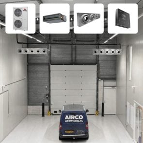 Mitsubishi 20 kW kanaalunit met Industriële uitblaas unit voor bedrijfshallen